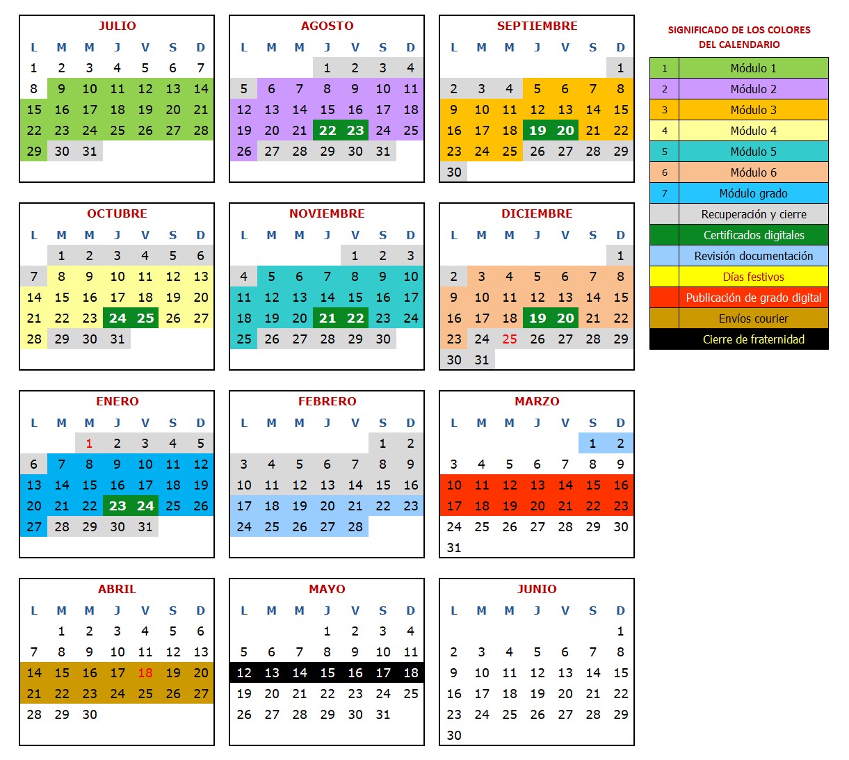 Calendario académico de la fraternidad