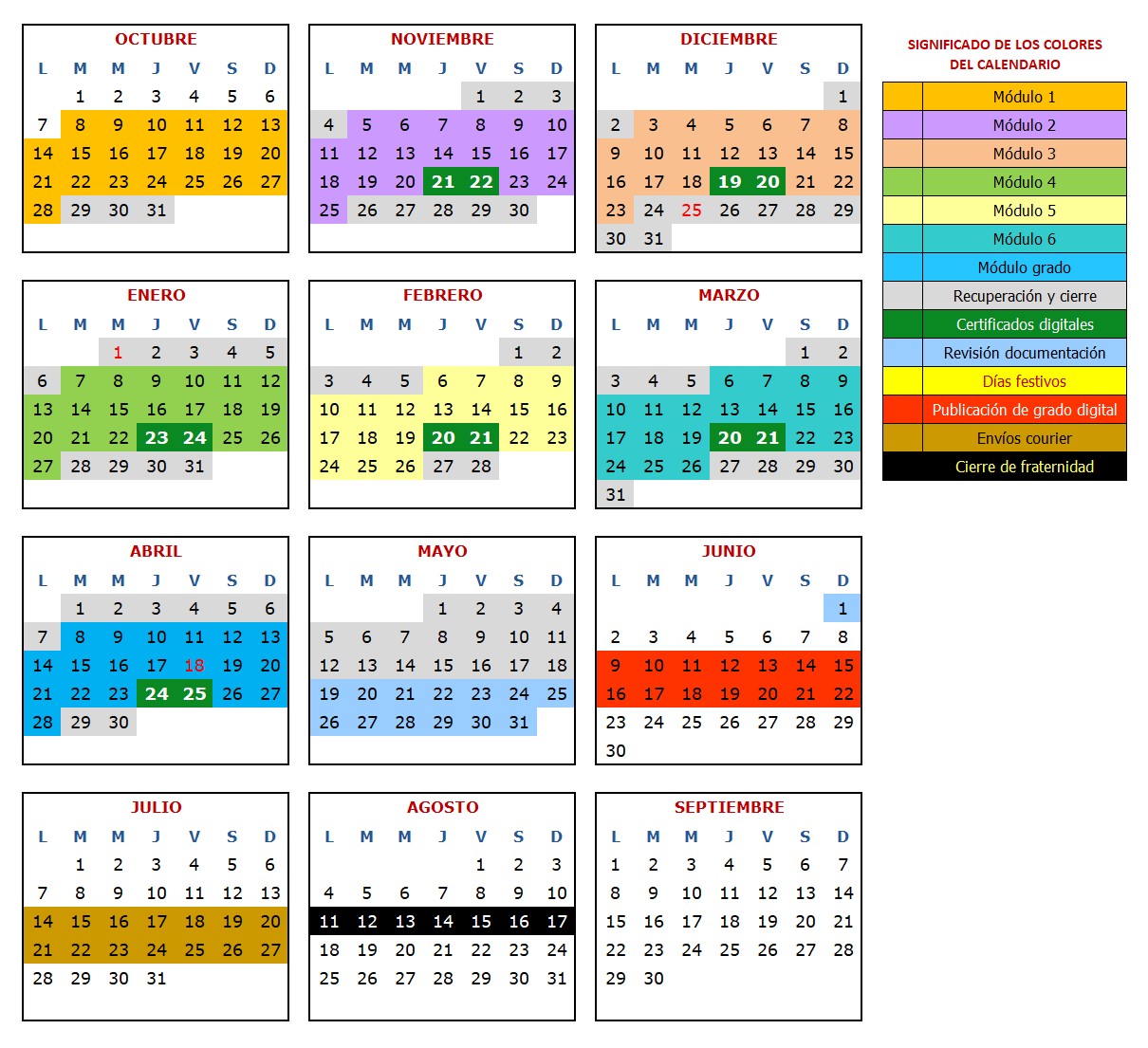 Calendario académico de la fraternidad